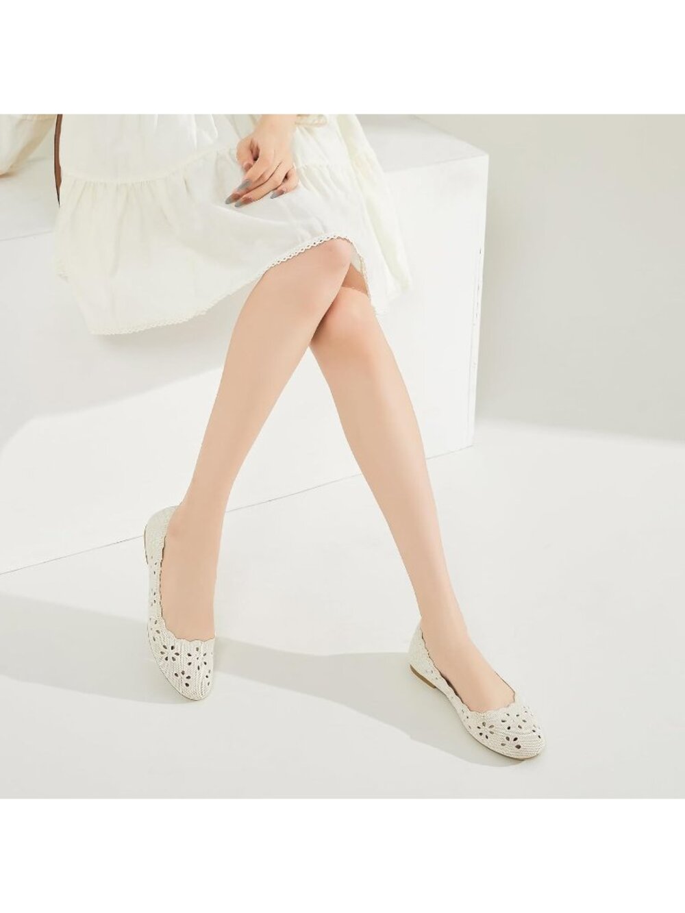 Women's Nude Mesh Floral Ballet Flats Comfortable Slip On Casual Walking Shoes - Picture 2 of 6